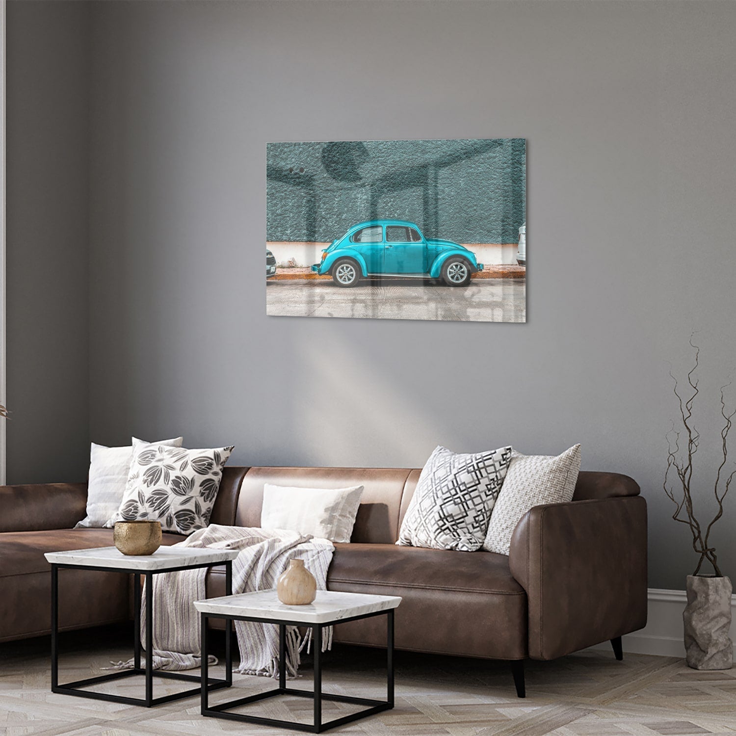 Stilvolles Glasbild mit einem türkisen Auto – Glasbild aus Sicherheitsglas, Größe 50x50_rond