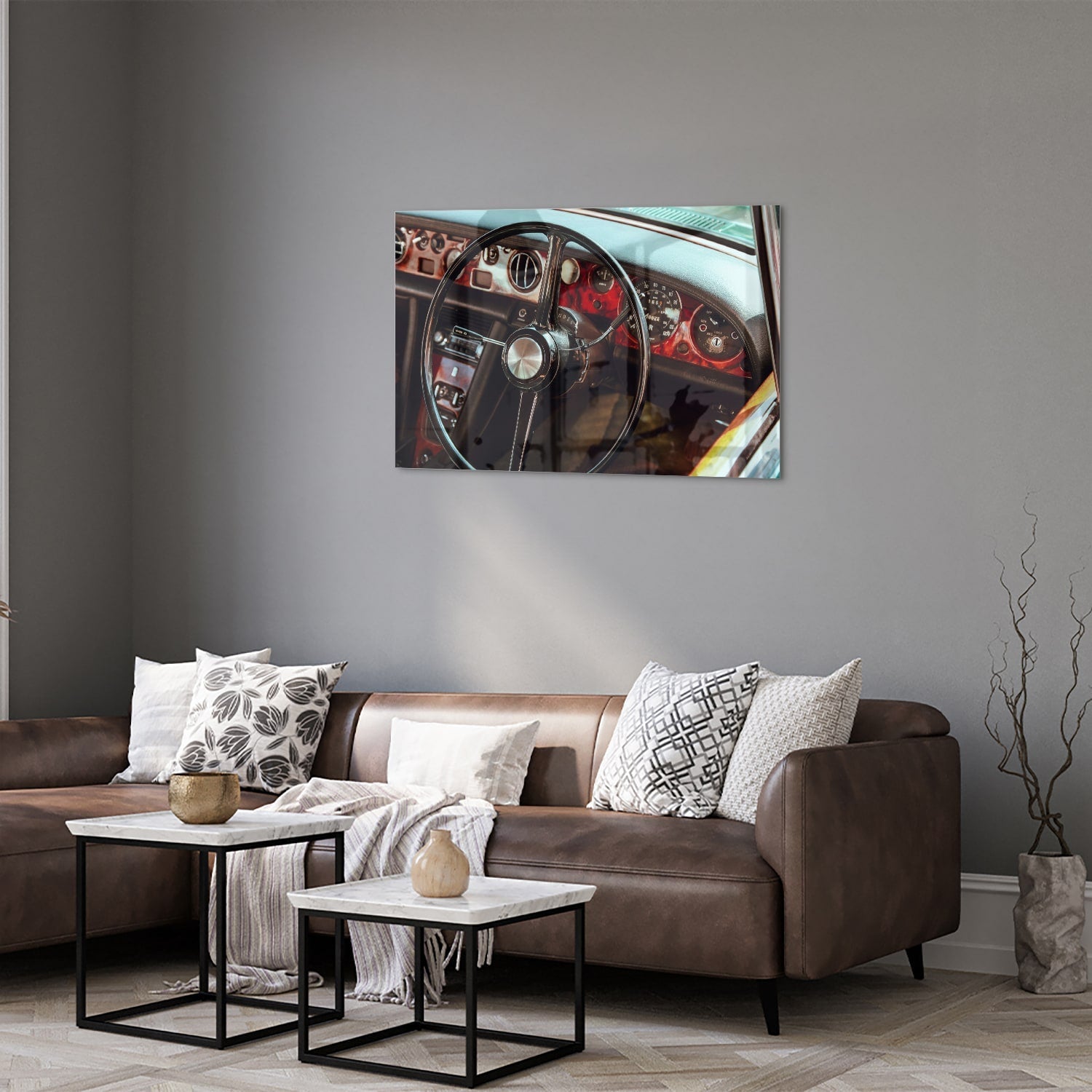 Retro-Auto-Glasbild mit Armaturenbrett für Liebhaber – Glasbild aus Sicherheitsglas, Größe 50x50_rond