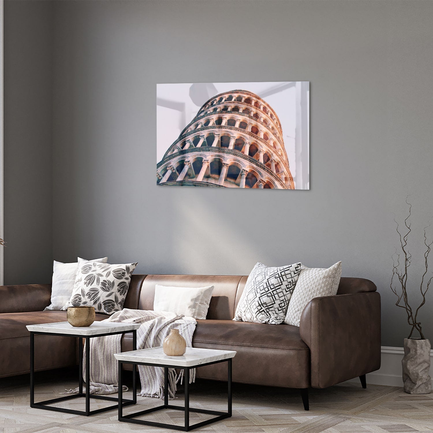 Glasbild mit dem Schiefen Turm von Pisa – Glasbild aus Sicherheitsglas, Größe 50x50_rond