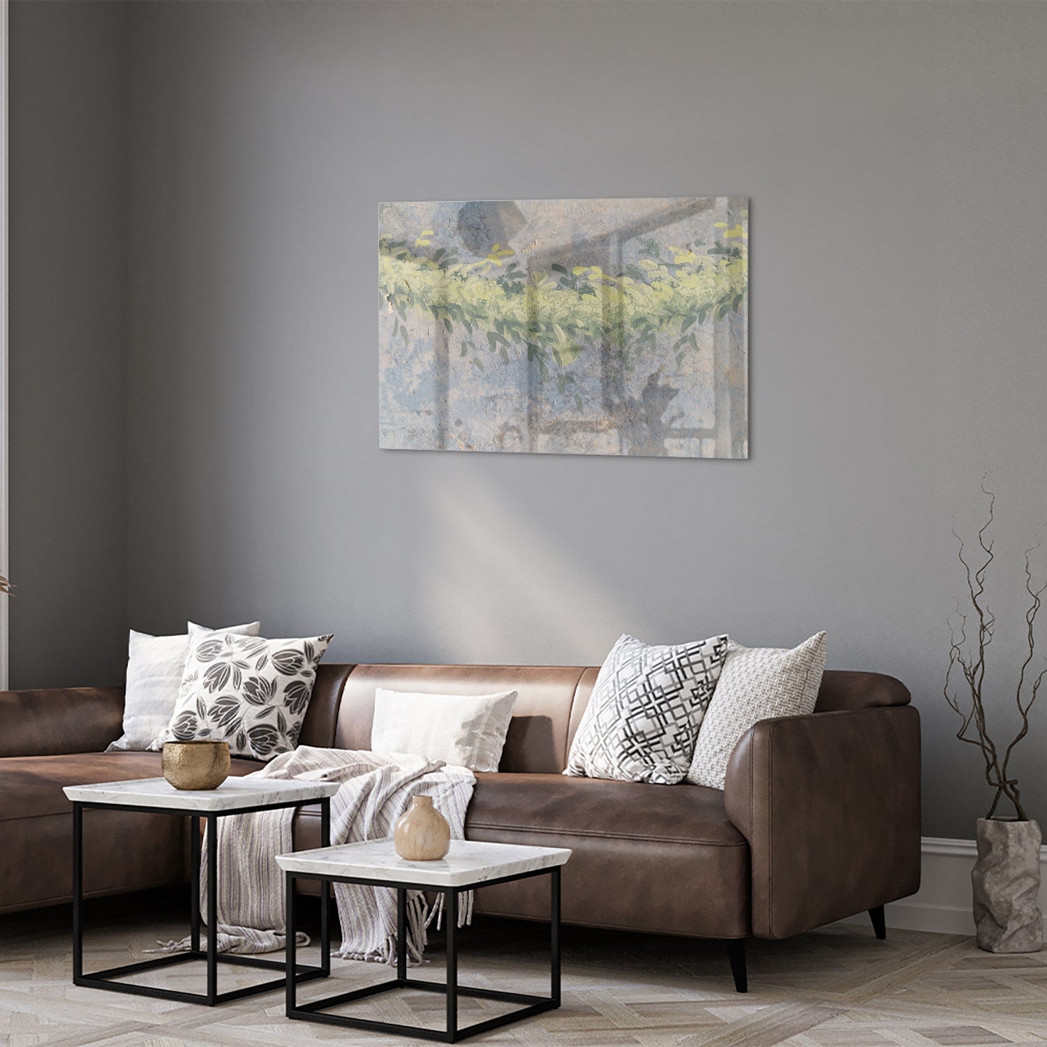 Fröhliches Glasbild mit gelben Blumen – Glasbild aus Sicherheitsglas, Größe 50x50_rond
