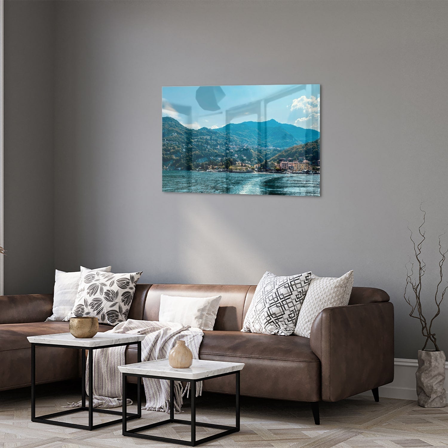 Atemberaubendes Glasbild mit Berglandschaft – Glasbild aus Sicherheitsglas, Größe 50x50_rond