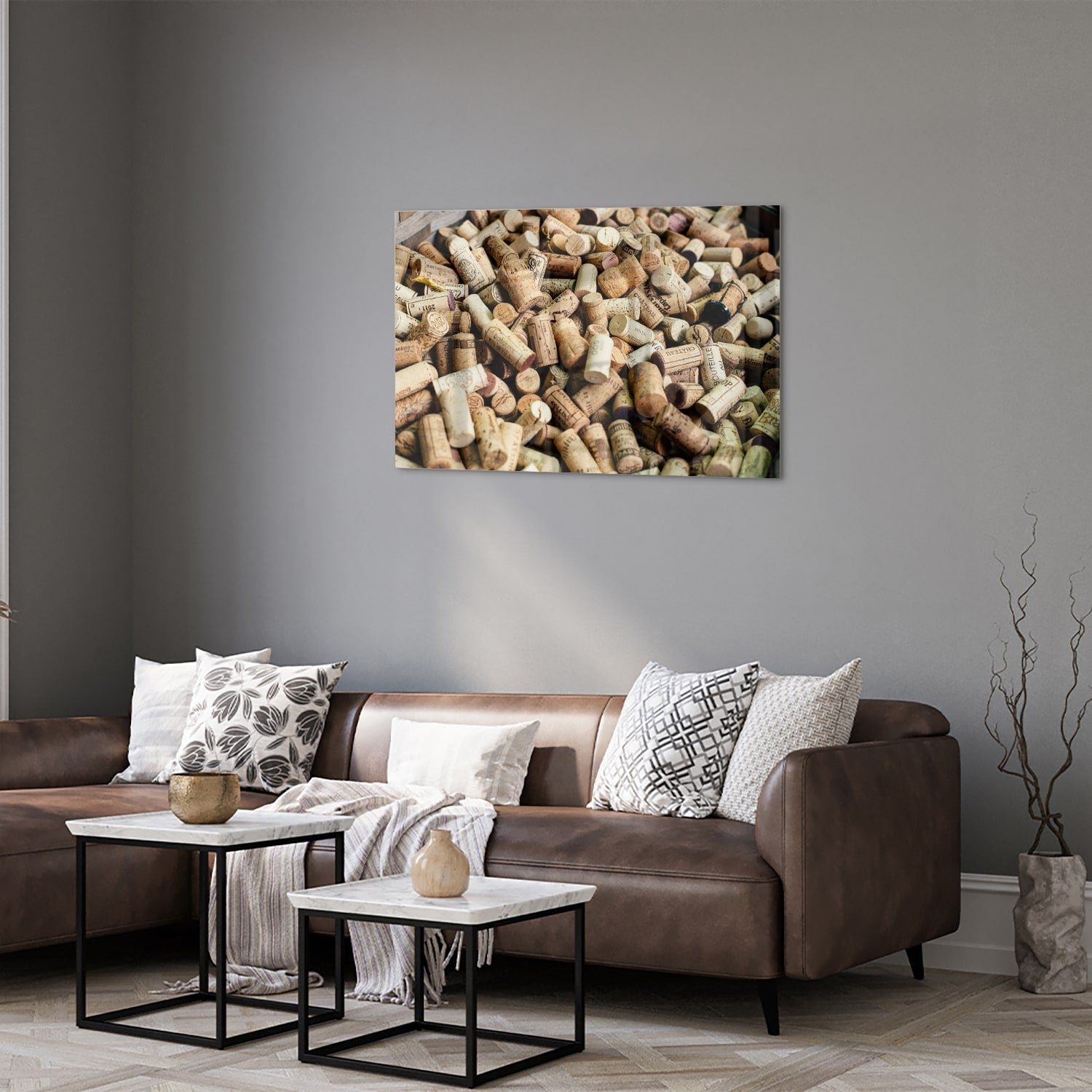 Kreatives Glasbild mit Korkenstapel – Glasbild aus Sicherheitsglas, Größe 50x50_rond