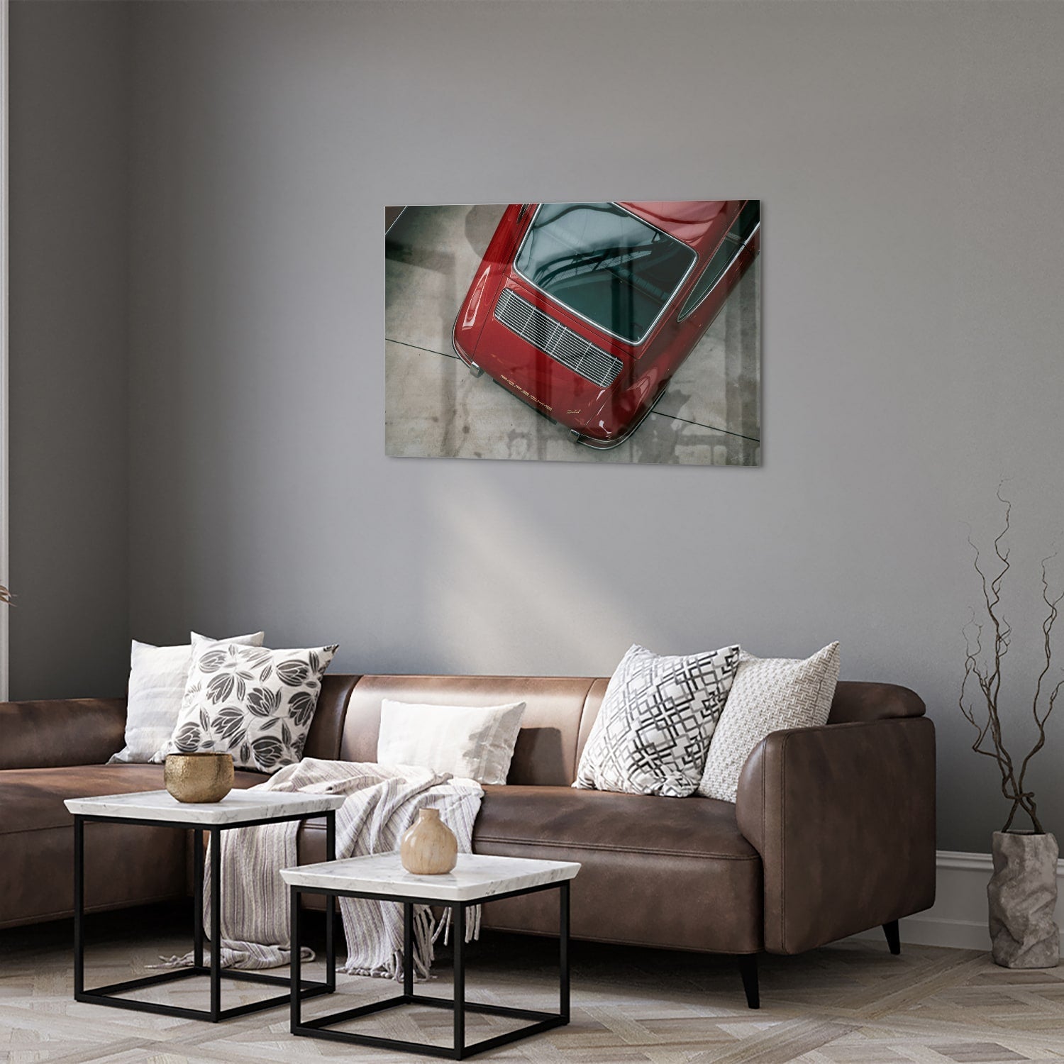 Stilvolles Glasbild mit einem roten Auto – Glasbild aus Sicherheitsglas, Größe 50x50_rond