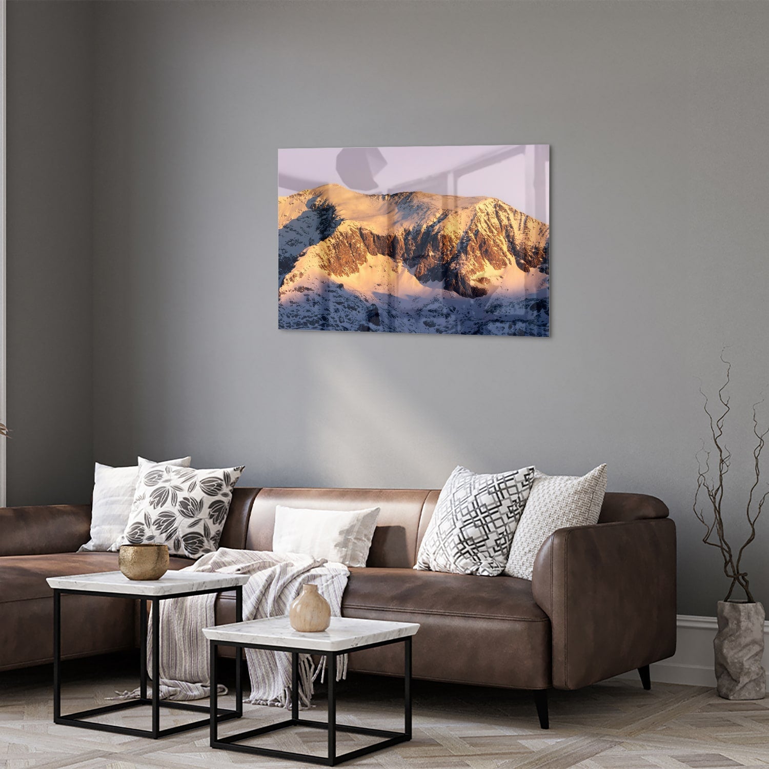 Atemberaubendes Glasbild mit Berglandschaft – Glasbild aus Sicherheitsglas, Größe 50x50_rond