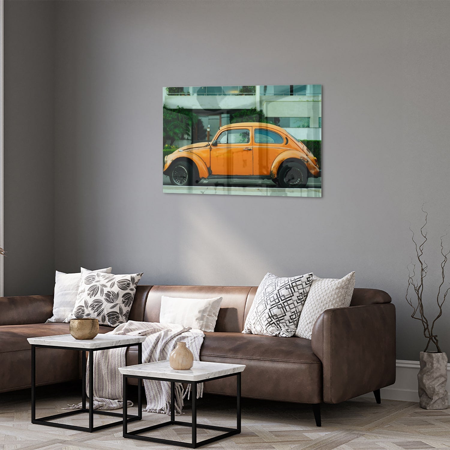 Fröhliches Glasbild mit orangefarbenem Käfer – Glasbild aus Sicherheitsglas, Größe 50x50_rond