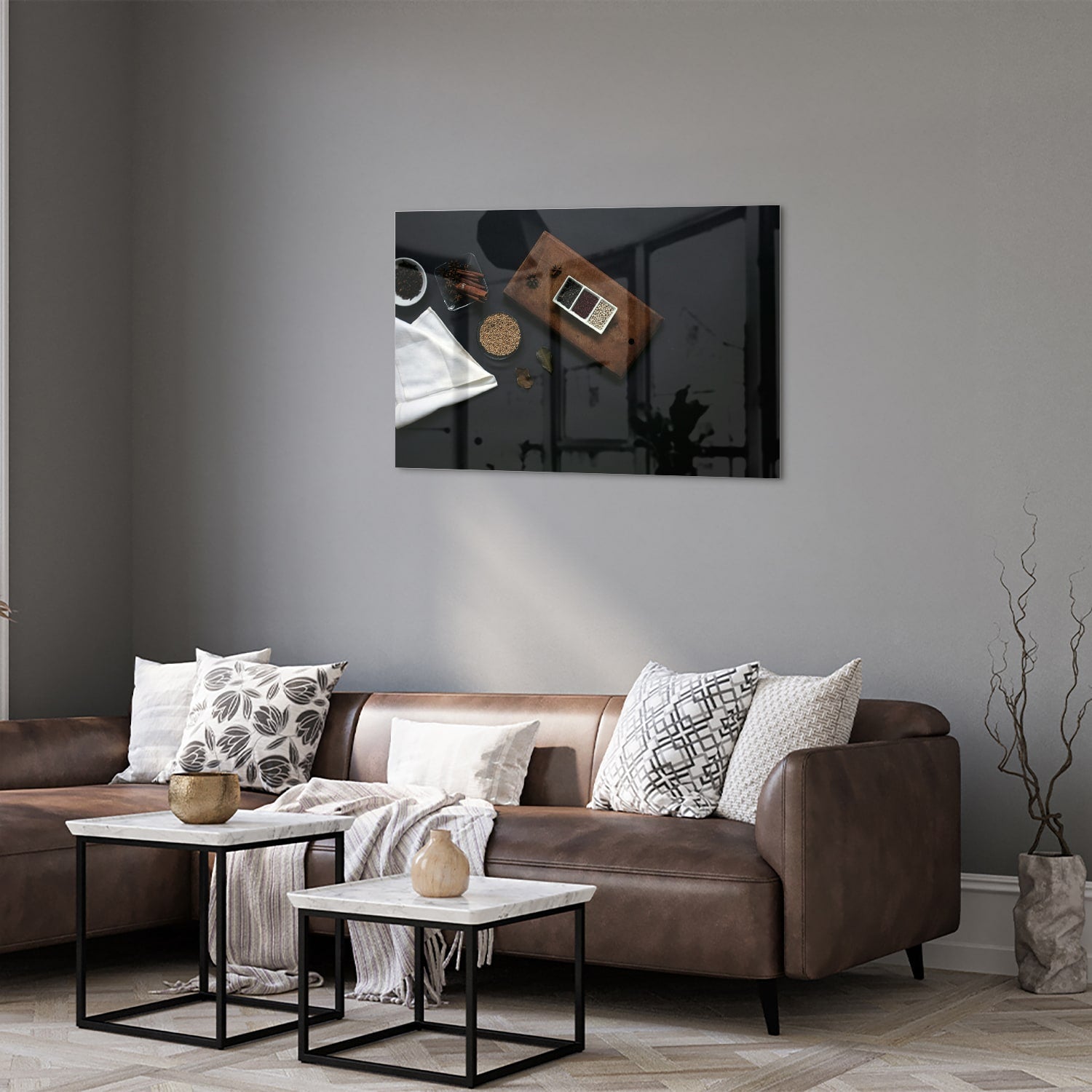 Modernes Glasbild mit Kaffee und Notizen – Glasbild aus Sicherheitsglas, Größe 50x50_rond