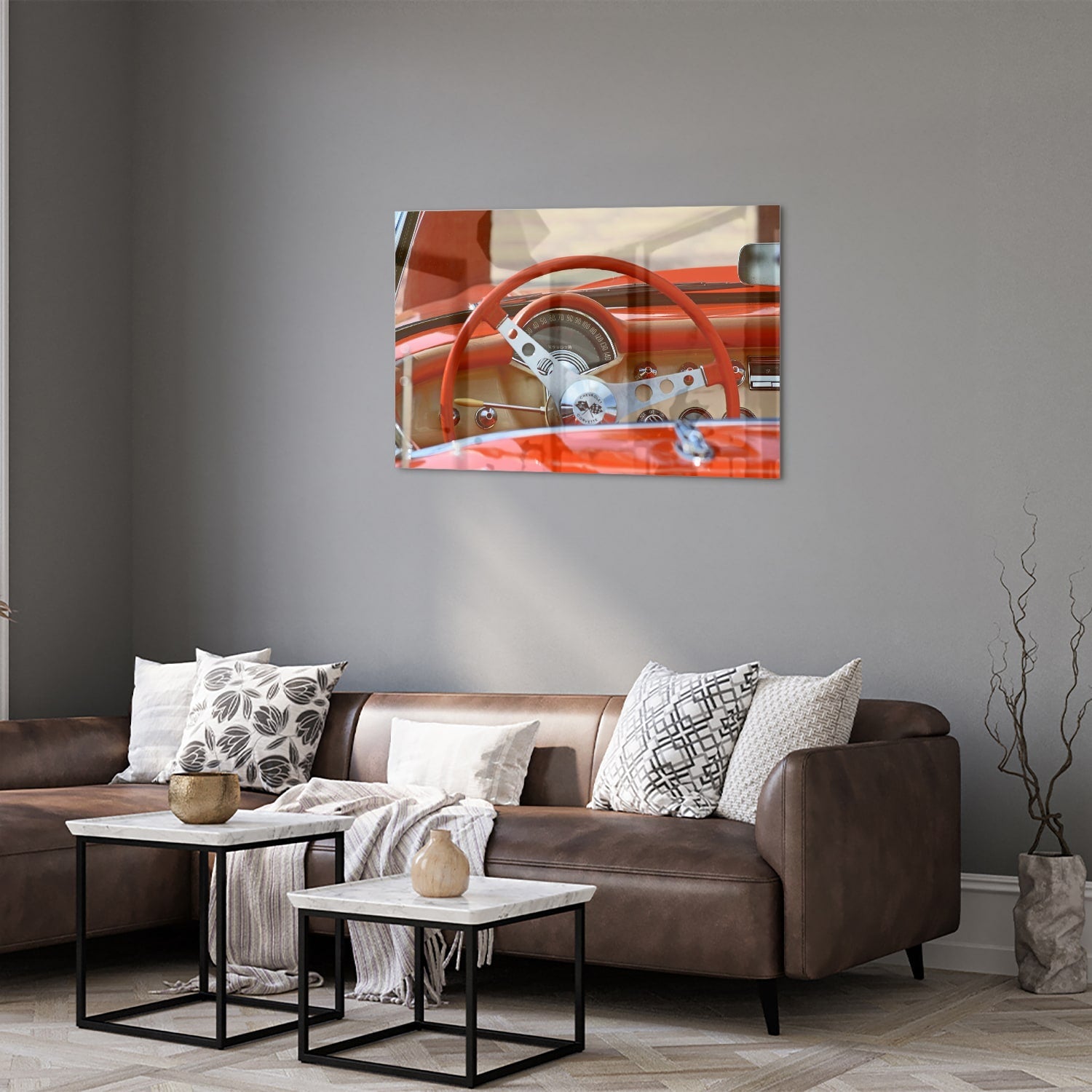 Retro-Auto-Glasbild für stilvolle Innenräume – Glasbild aus Sicherheitsglas, Größe 50x50_rond