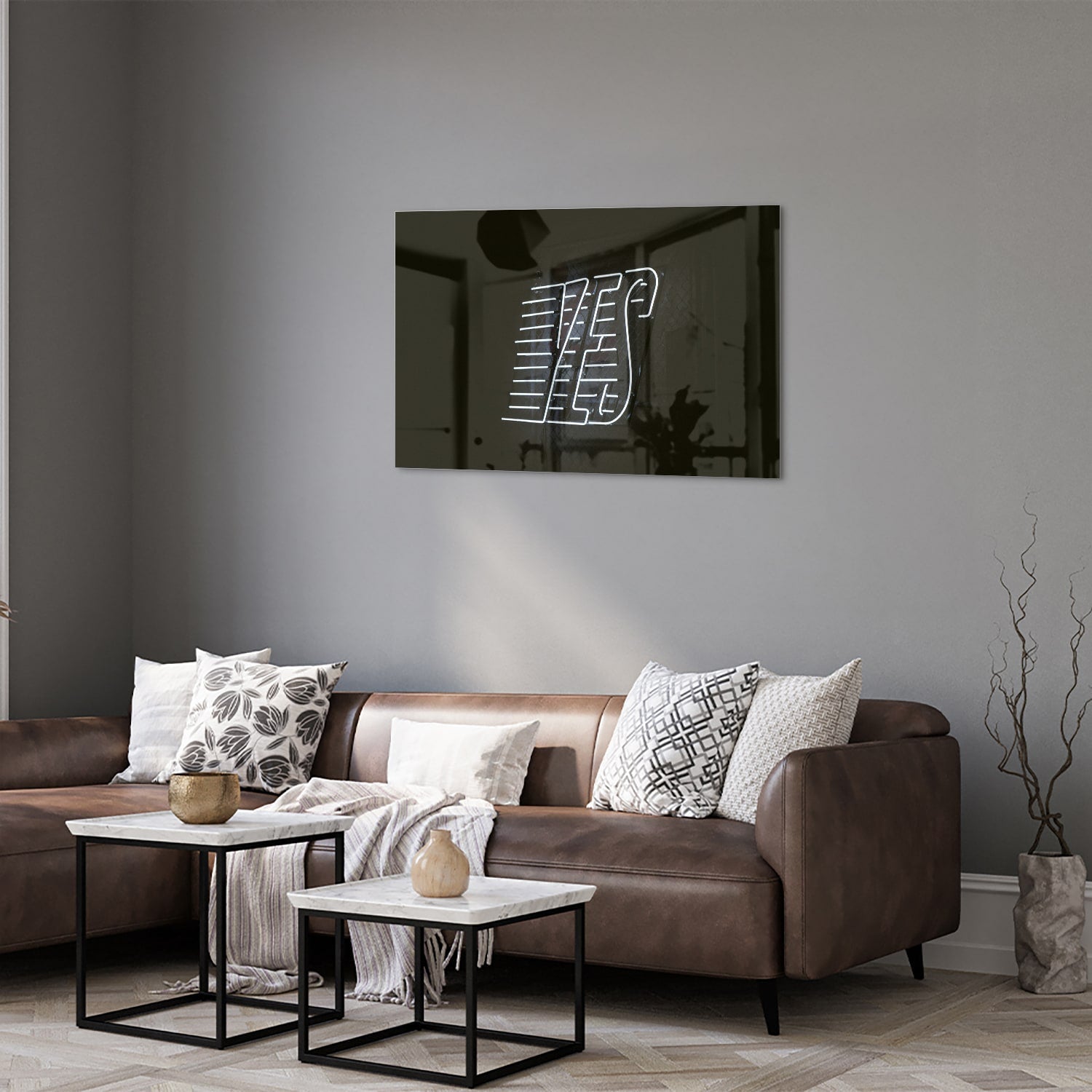 Glasbild mit 'YES' Schriftzug in modernem Design – Glasbild aus Sicherheitsglas, Größe 50x50_rond