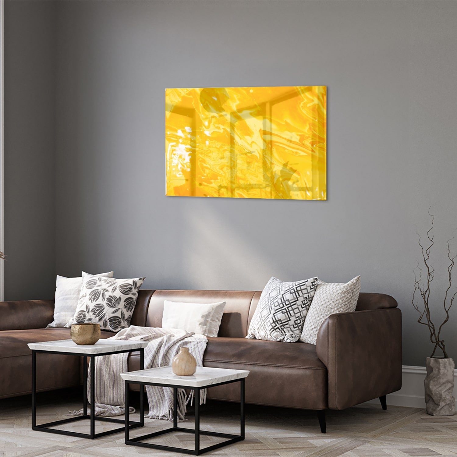 Leuchtend gelbes Glasbild für moderne Innenräume – Glasbild aus Sicherheitsglas, Größe 50x50_rond