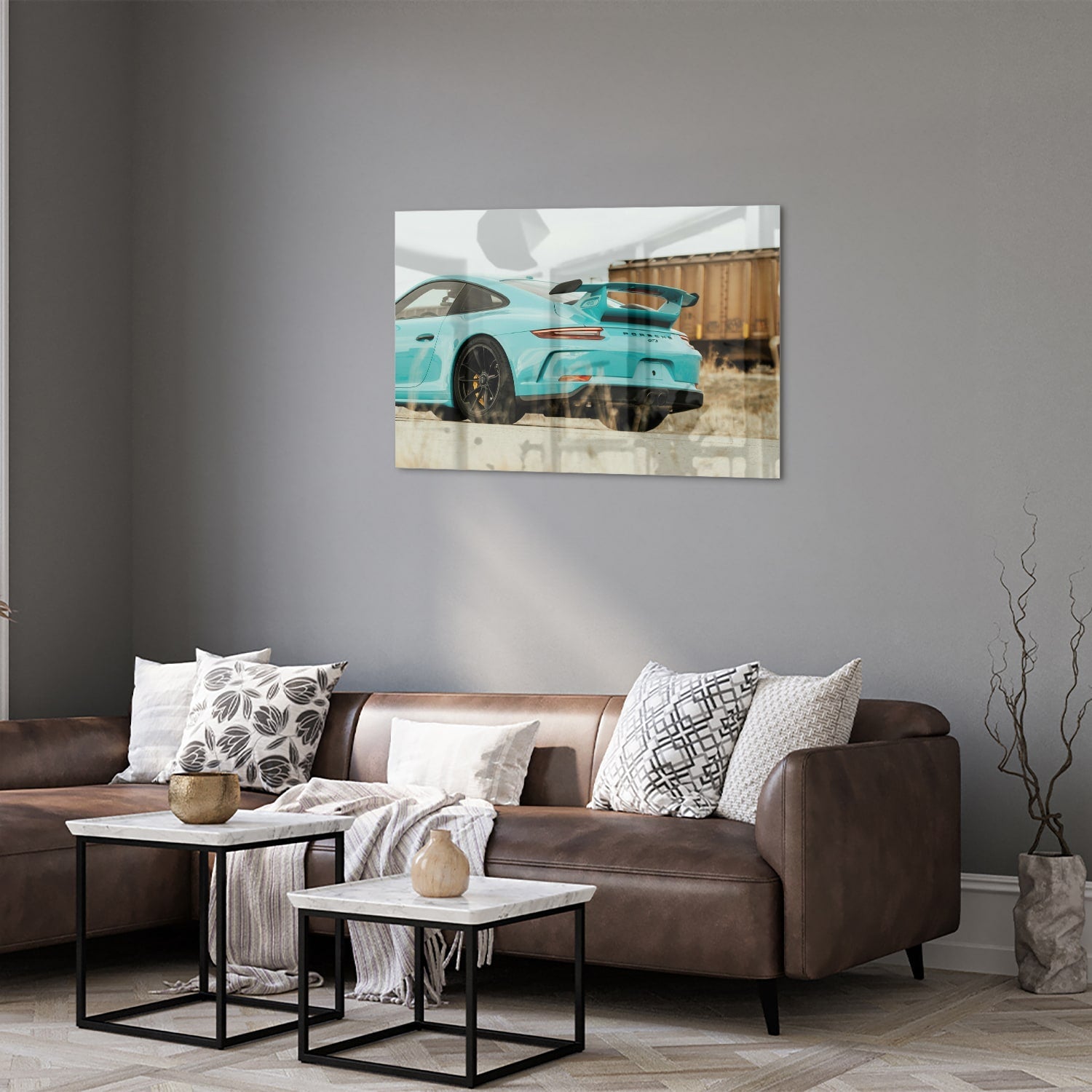 Stilvolles Glasbild mit einem Sportwagen – Glasbild aus Sicherheitsglas, Größe 50x50_rond
