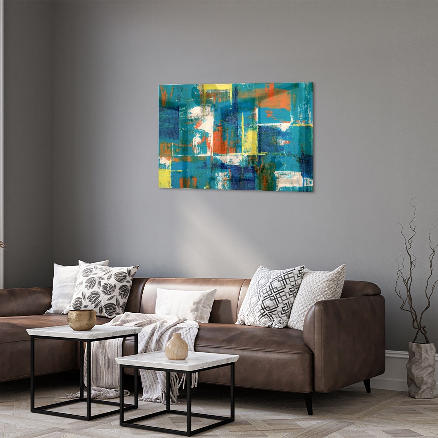 Abstraktes Glasbild in farbenfrohen Farbtönen – Glasbild aus Sicherheitsglas, Größe 50x50_rond