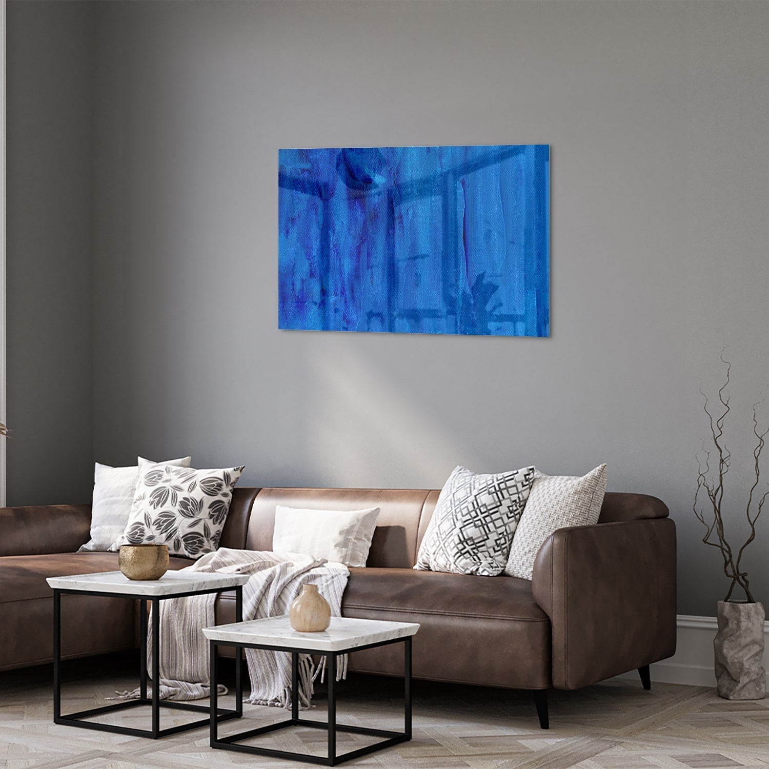 Blaues abstraktes Glasbild für moderne Innenräume – Glasbild aus Sicherheitsglas, Größe 50x50_rond