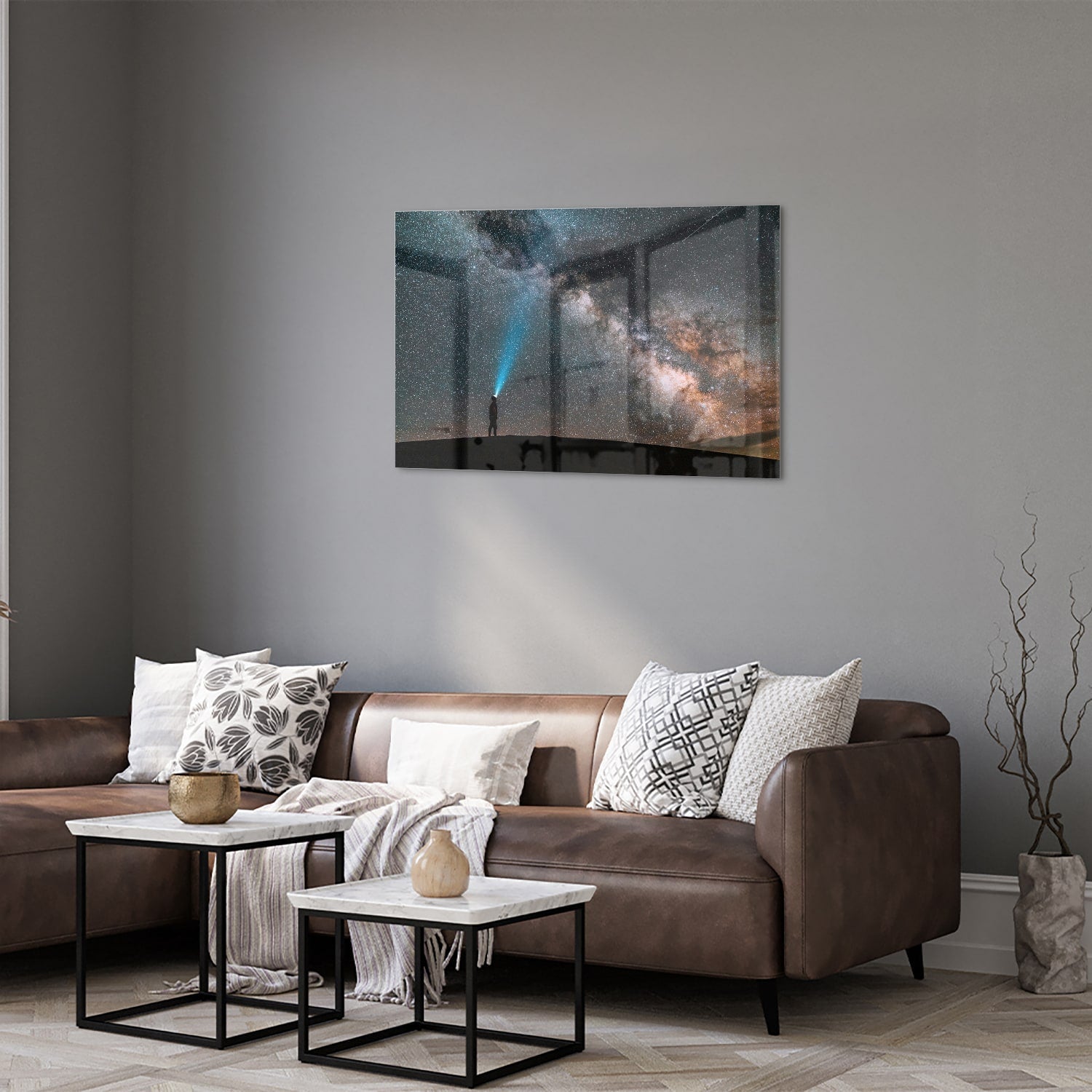 Glasbild Sternenhimmel mit Lichtstrahl – Glasbild aus Sicherheitsglas, Größe 50x50_rond