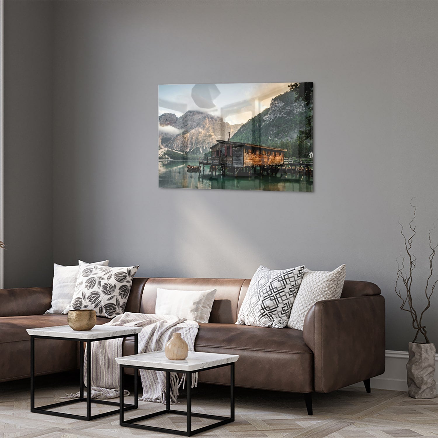 Bezauberndes Glasbild mit einer Berghütte – Glasbild aus Sicherheitsglas, Größe 50x50_rond