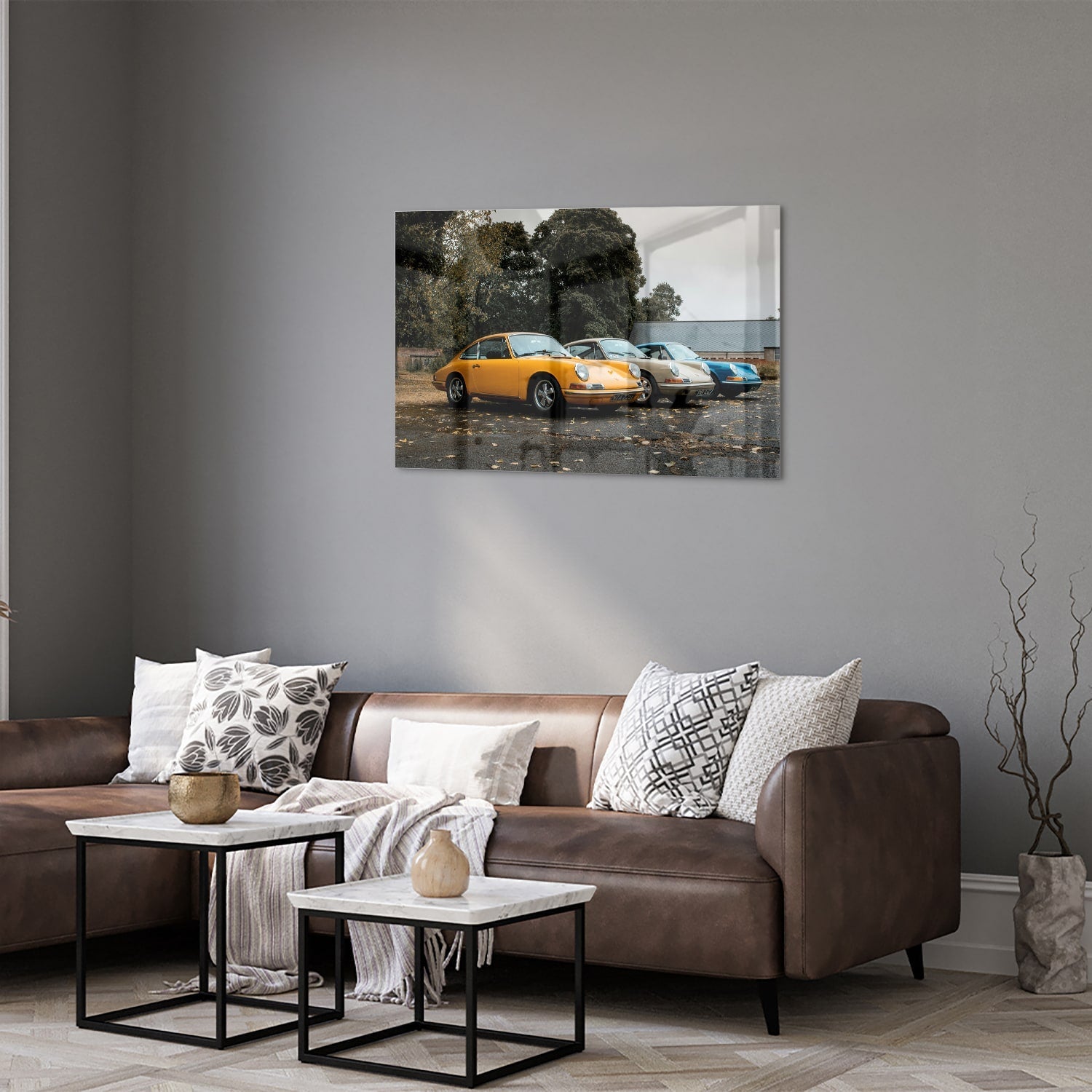 Fröhliches Glasbild mit gelbem Auto – Glasbild aus Sicherheitsglas, Größe 50x50_rond