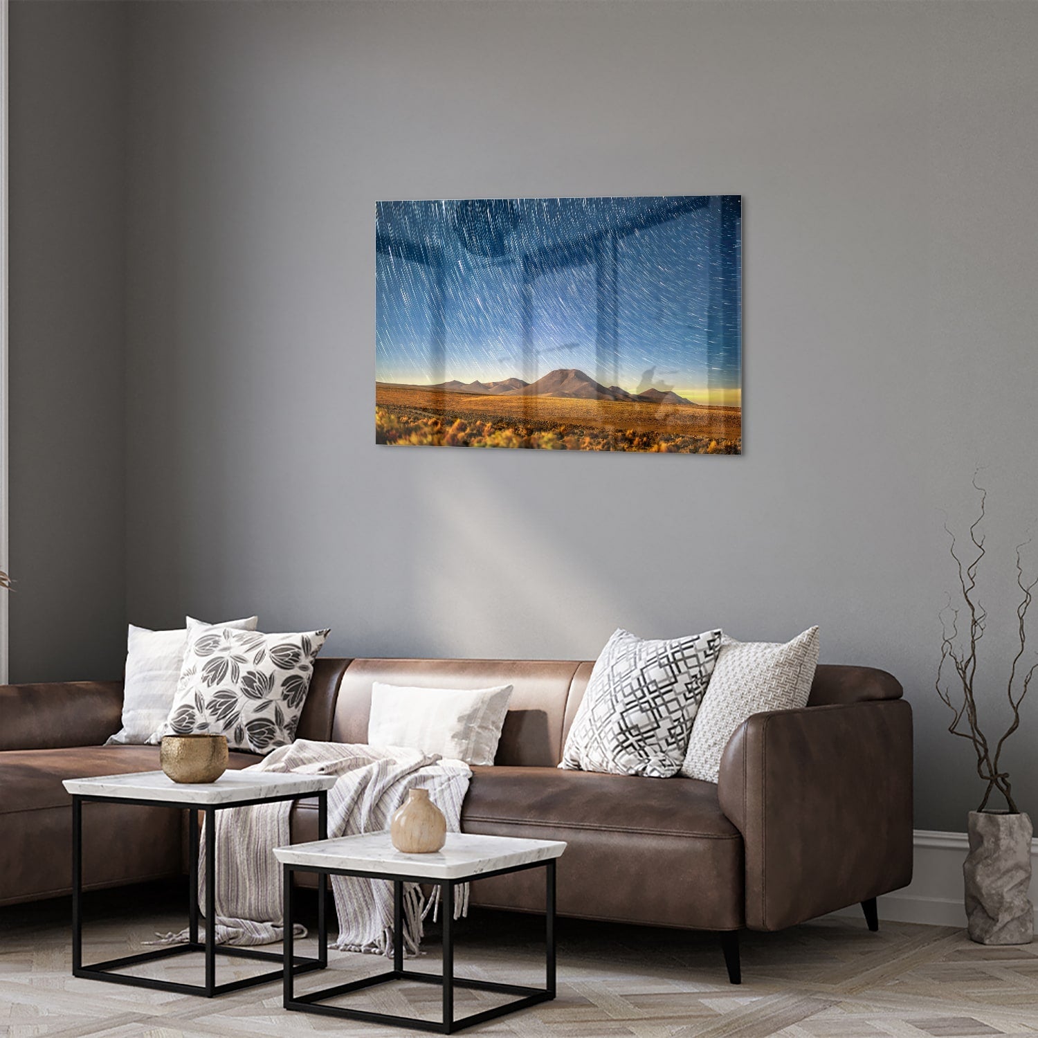 Glasbild mit Sternenhimmel über den Bergen – Glasbild aus Sicherheitsglas, Größe 50x50_rond