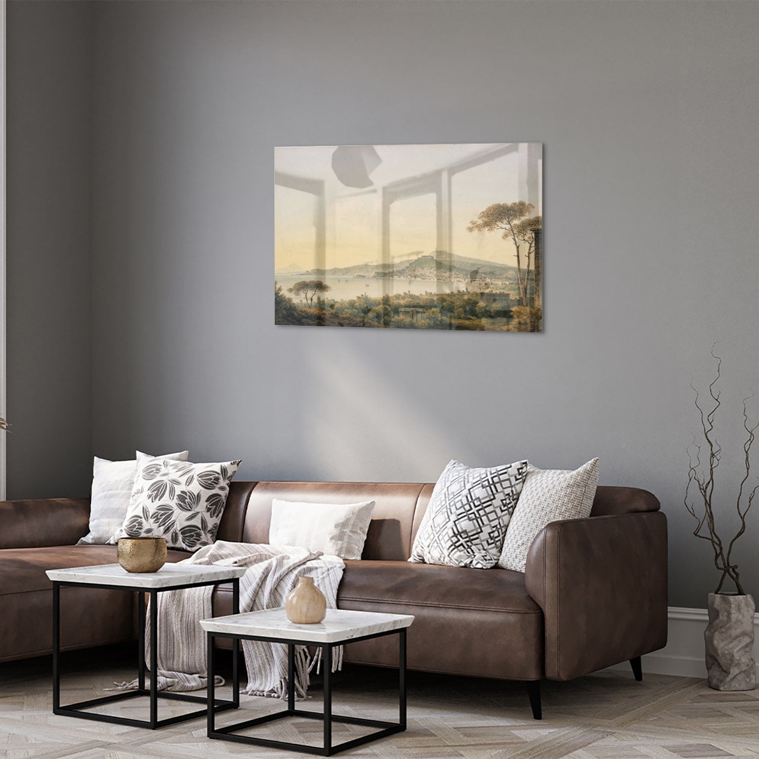 Rustikales Glasbild mit Berglandschaft – Glasbild aus Sicherheitsglas, Größe 50x50_rond