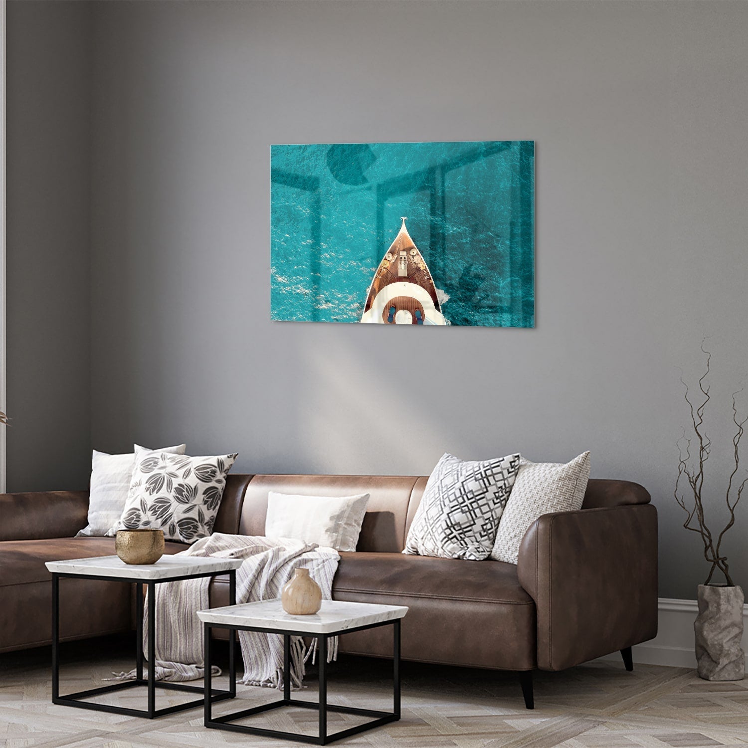 Glasbild mit einem Boot über Wasser – Glasbild aus Sicherheitsglas, Größe 50x50_rond