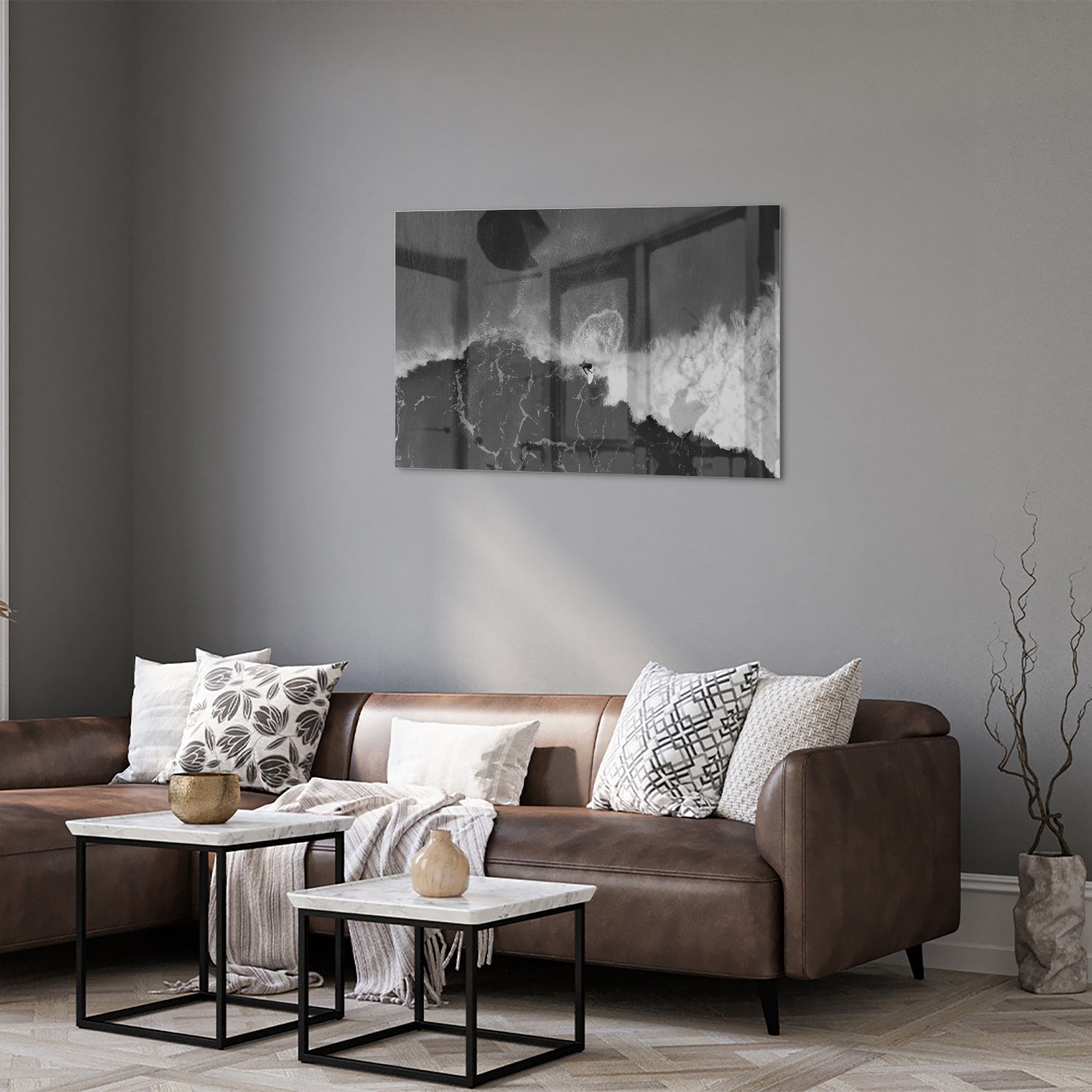Abstraktes Schwarz-Weiß-Glasbild für ein modernes Interieur – Glasbild aus Sicherheitsglas, Größe 50x50_rond