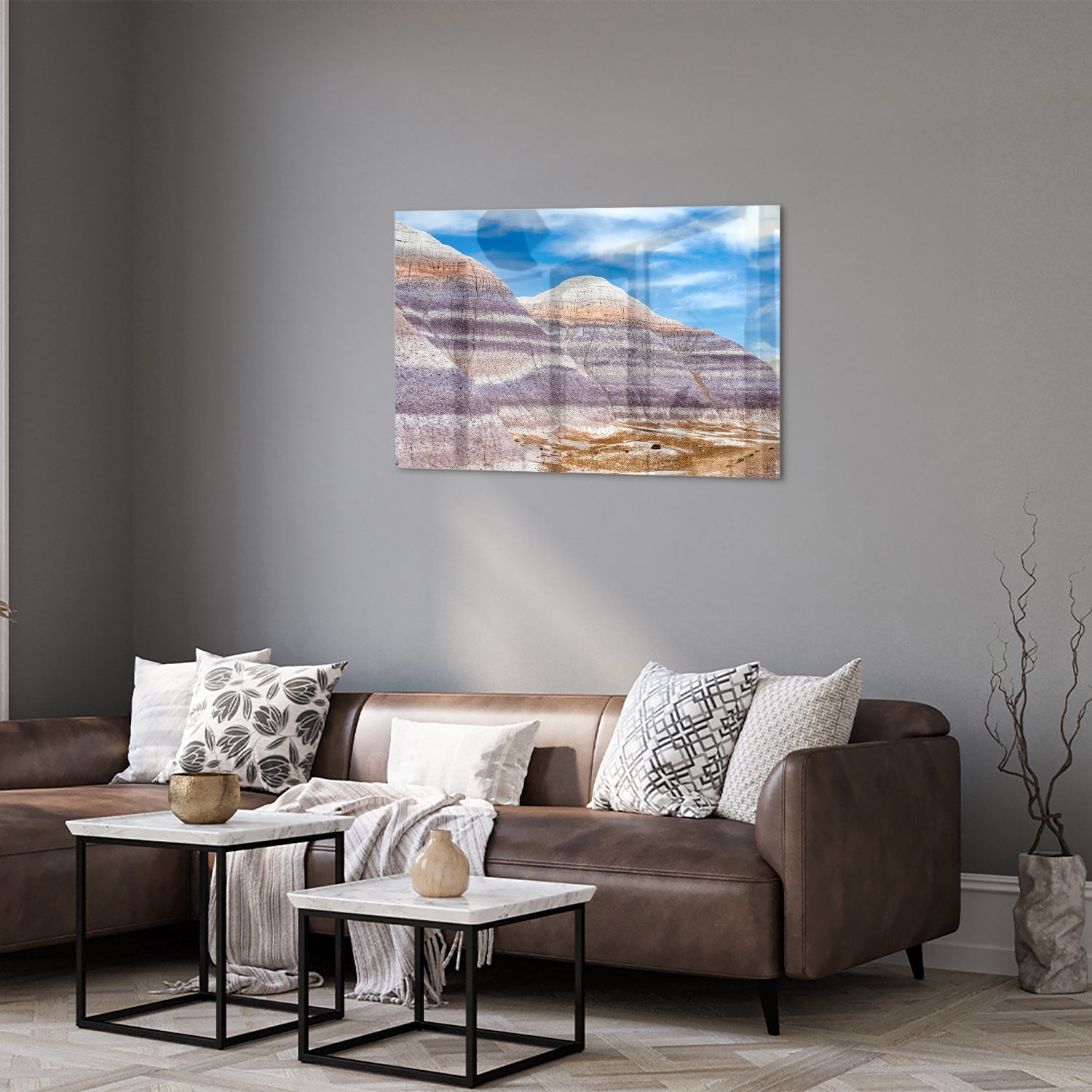 Wunderschönes Glasbild mit Bergen und Himmel – Glasbild aus Sicherheitsglas, Größe 50x50_rond