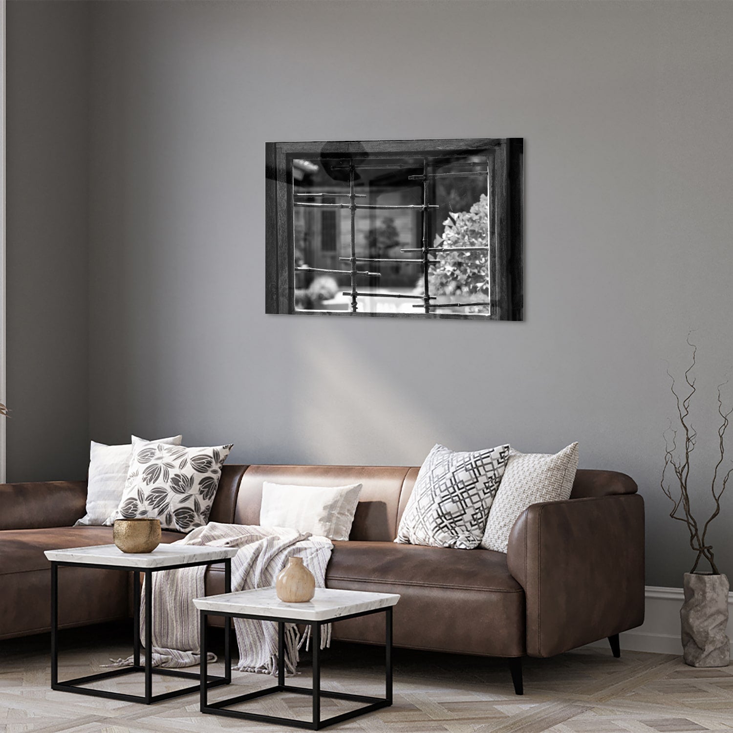 Modernes Glasbild mit Fensterblick – Glasbild aus Sicherheitsglas, Größe 50x50_rond