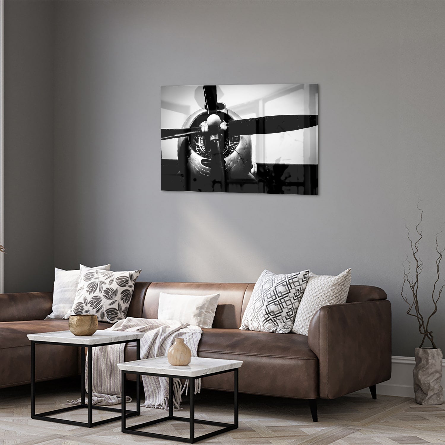 Schwarz-Weiß-Glasbild mit Vintage-Flugzeugpropeller – Glasbild aus Sicherheitsglas, Größe 50x50_rond