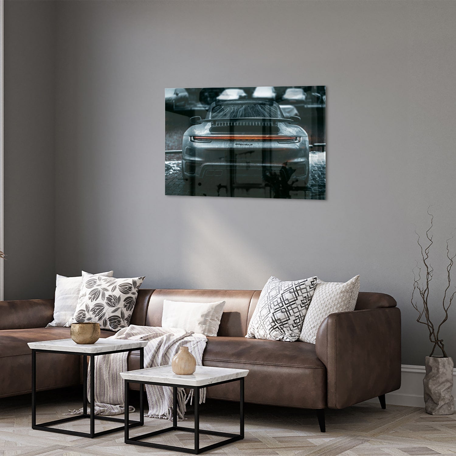 Elegantes Glasbild mit einem Sportwagen – Glasbild aus Sicherheitsglas, Größe 50x50_rond