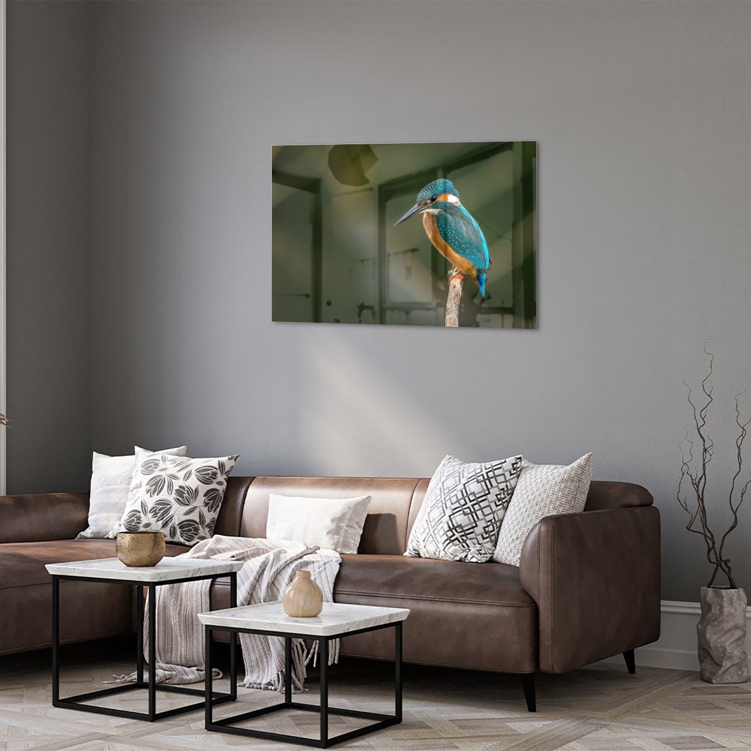 Elegantes Glasbild mit einem Eisvogel – Glasbild aus Sicherheitsglas, Größe 50x50_rond