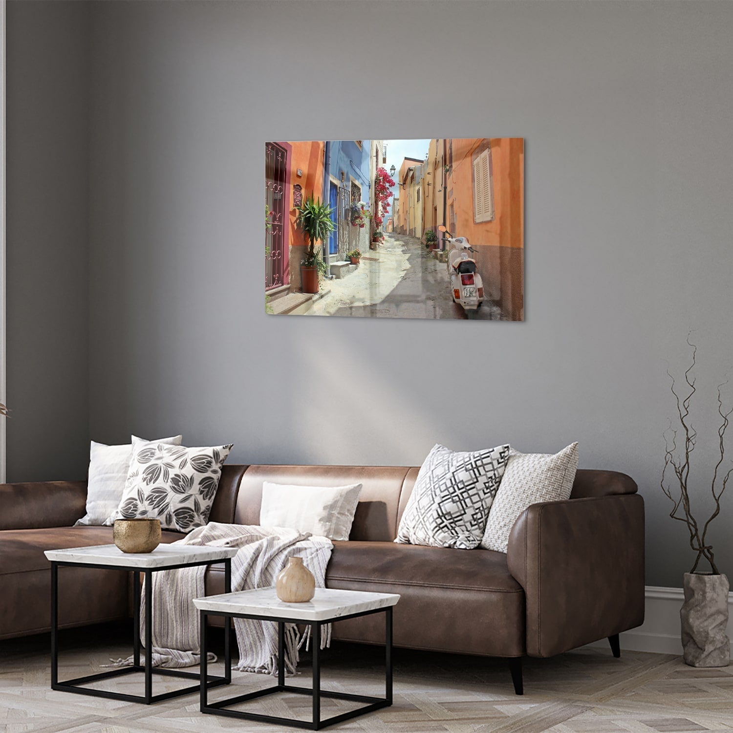 Buntes Glasbild mit Vespa auf einer Straße – Glasbild aus Sicherheitsglas, Größe 50x50_rond