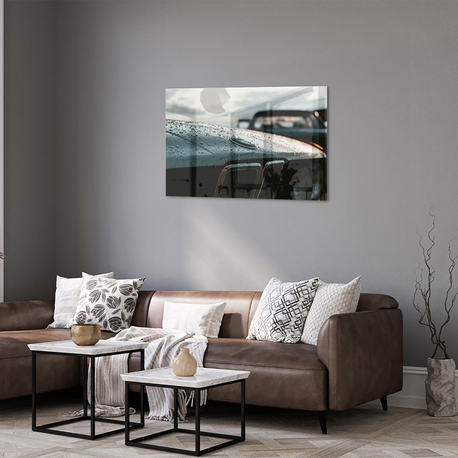 Glasbild mit nasser Autoscheibe – Stilvolles Interieur – Glasbild aus Sicherheitsglas, Größe 50x50_rond