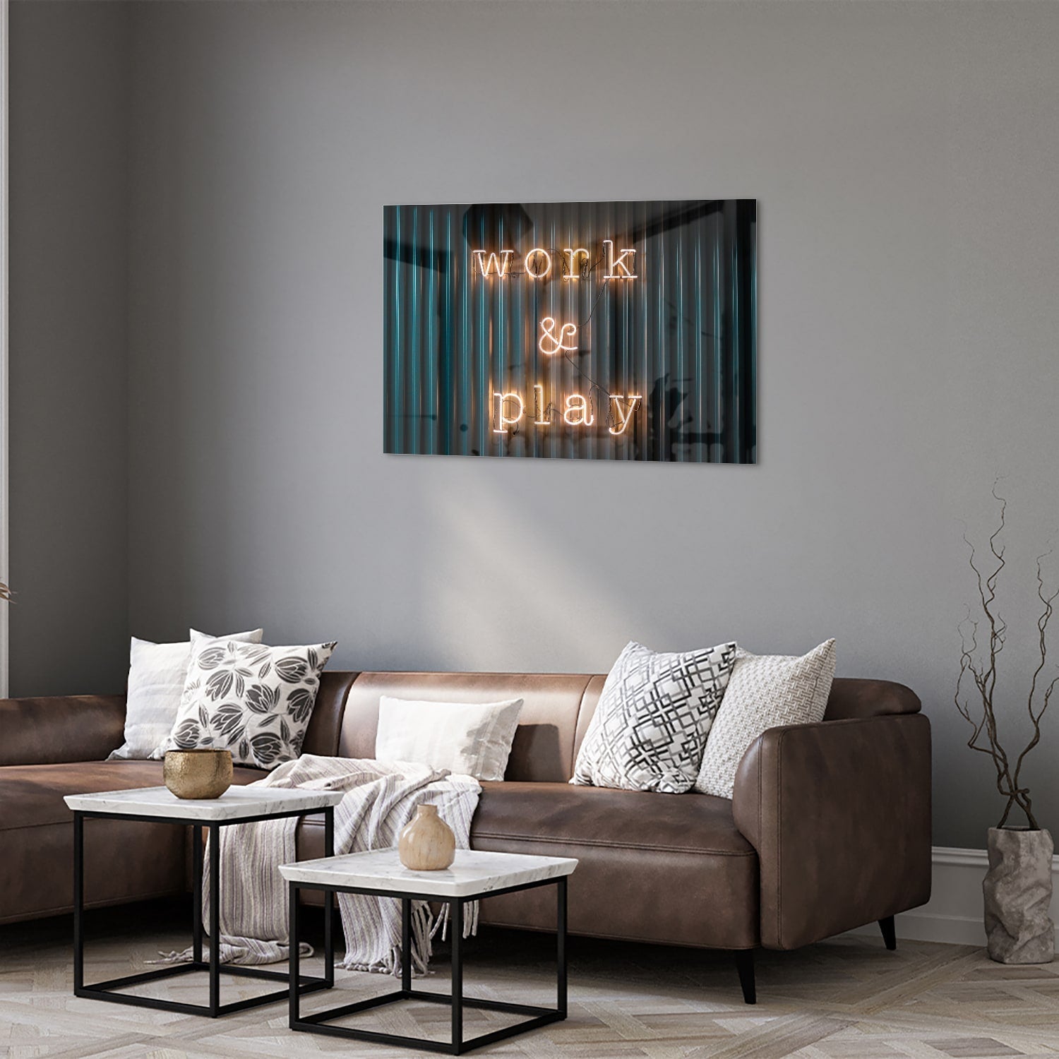 Glasbild mit 'Work & Play' Beleuchtung – Glasbild aus Sicherheitsglas, Größe 50x50_rond