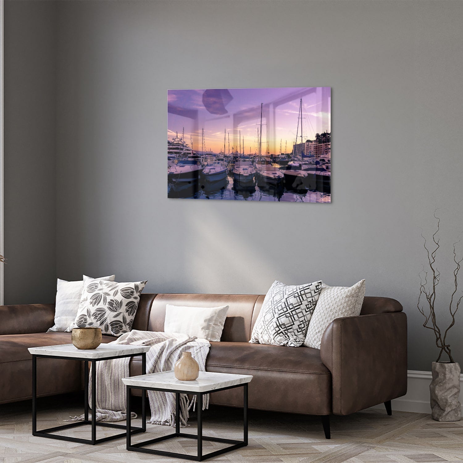 Glasbild mit Sonnenuntergang am Hafen – Glasbild aus Sicherheitsglas, Größe 50x50_rond