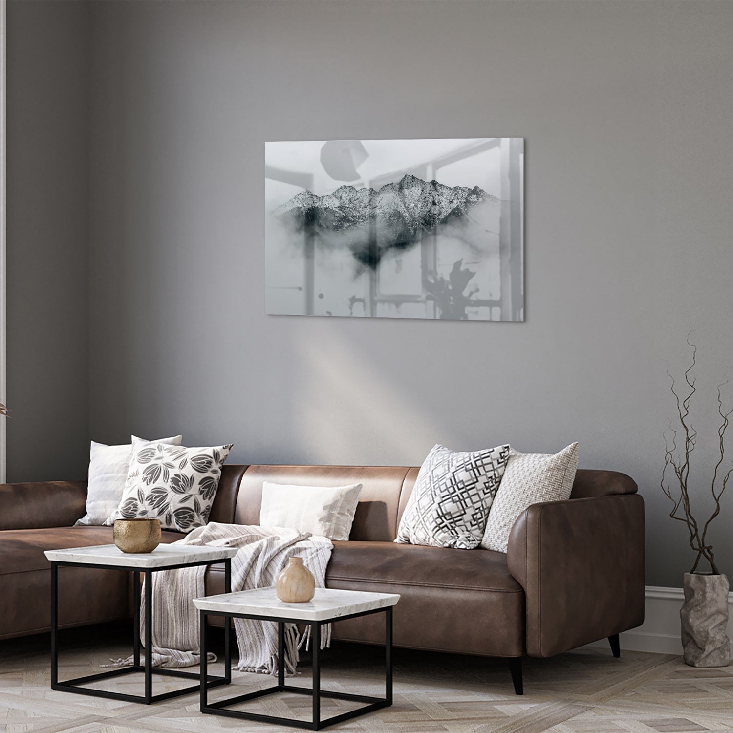 Elegantes Glasbild mit Bergen in Schwarz-Weiß – Glasbild aus Sicherheitsglas, Größe 50x50_rond