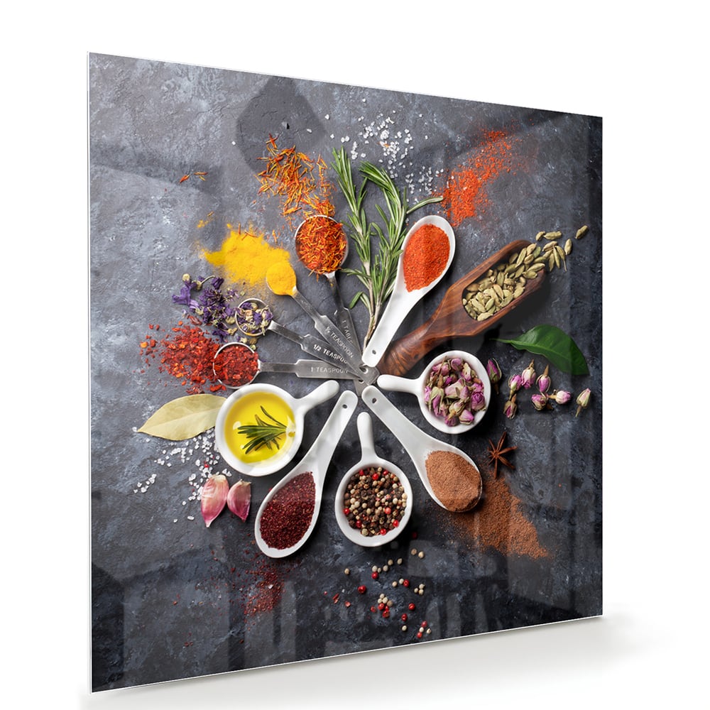Glasbild mit farbenfrohen Gewürzen – Glasbild aus Sicherheitsglas, Größe 100x70