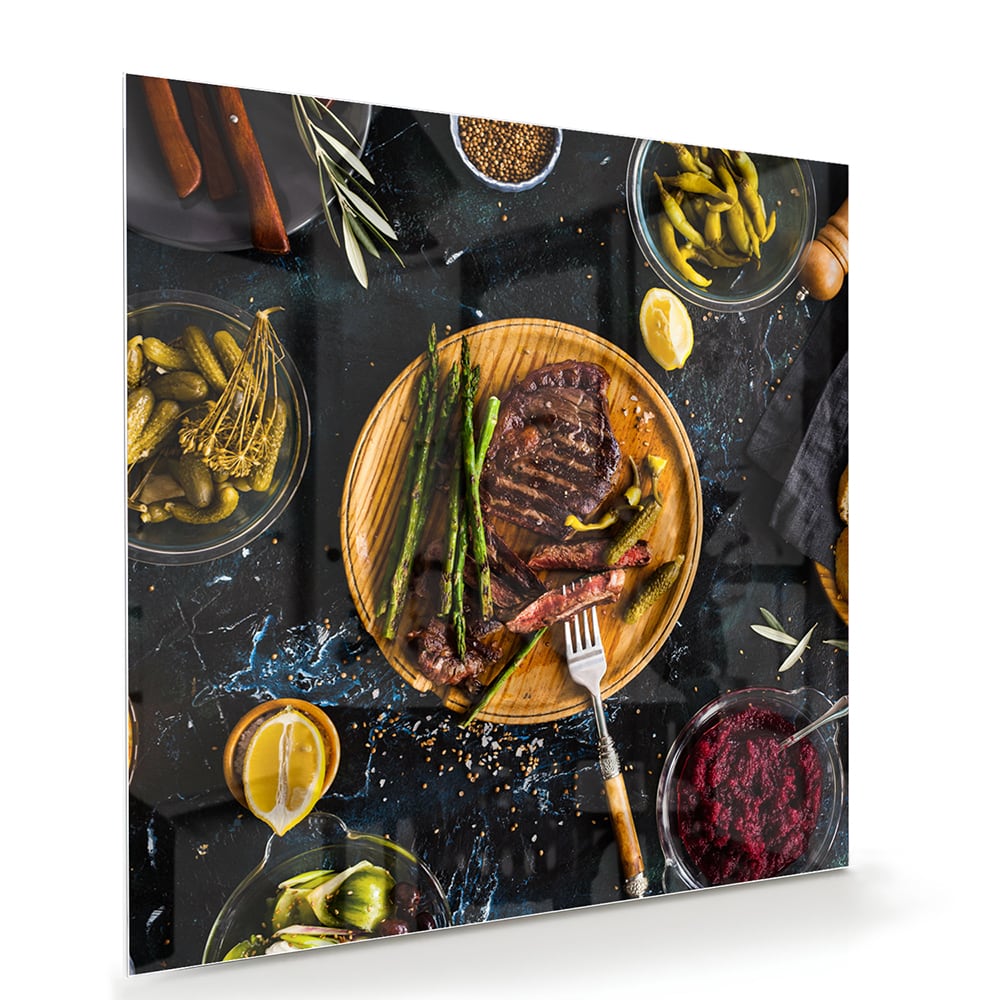 Kulinarisches Glasbild mit verführerischen Speisen – Glasbild aus Sicherheitsglas, Größe 100x70