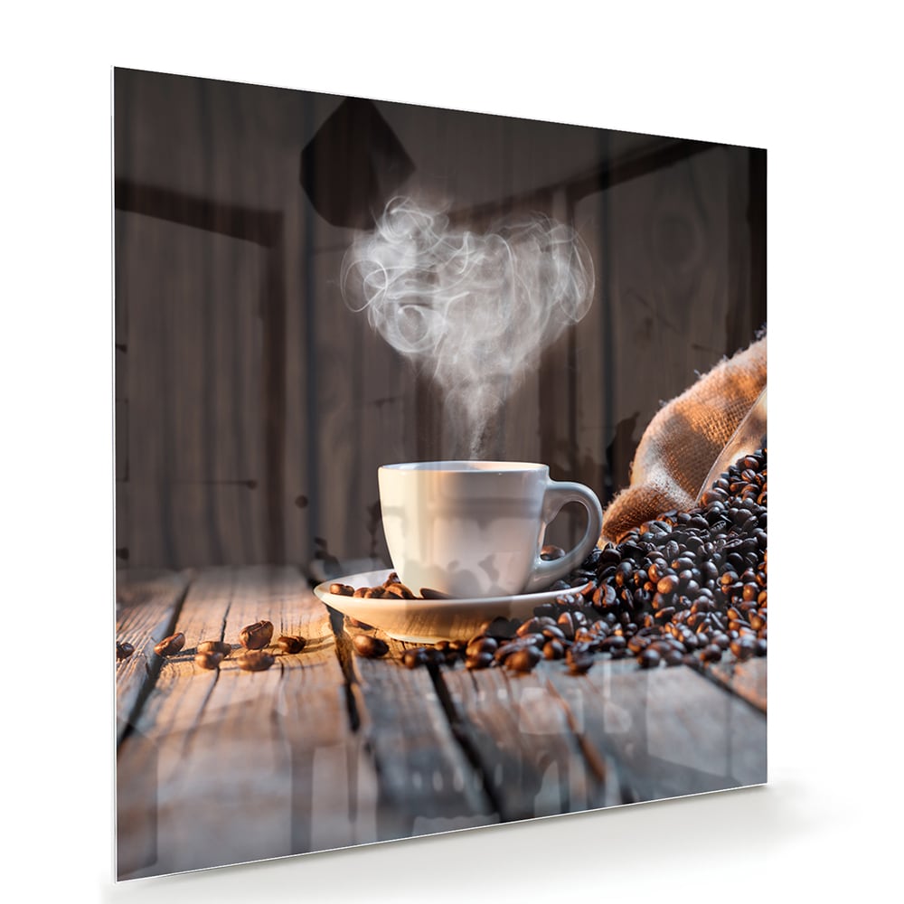 Stilvolles Glasbild mit Kaffee und Kaffeebohnen – Glasbild aus Sicherheitsglas, Größe 100x70