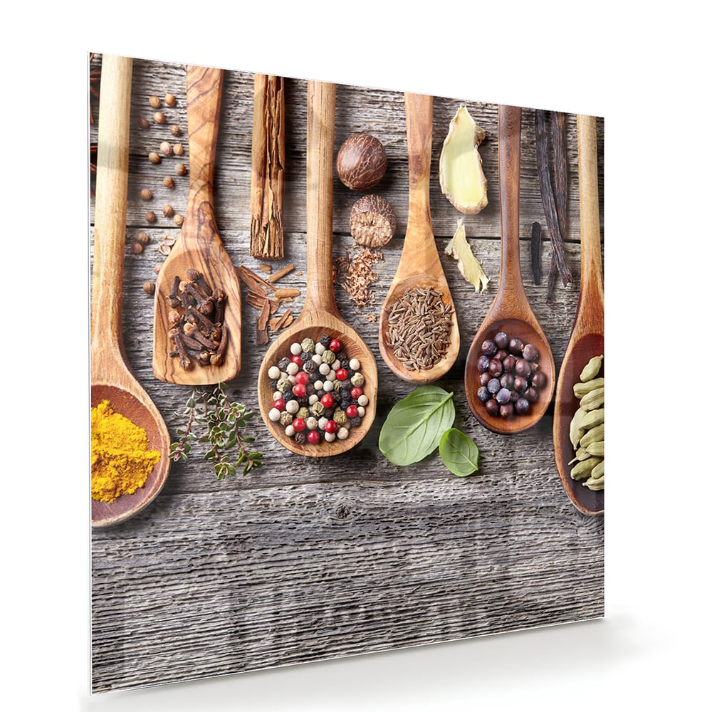 Glasbild mit natürlichen Rezepten im Löffel-Design – Glasbild aus Sicherheitsglas, Größe 100x70