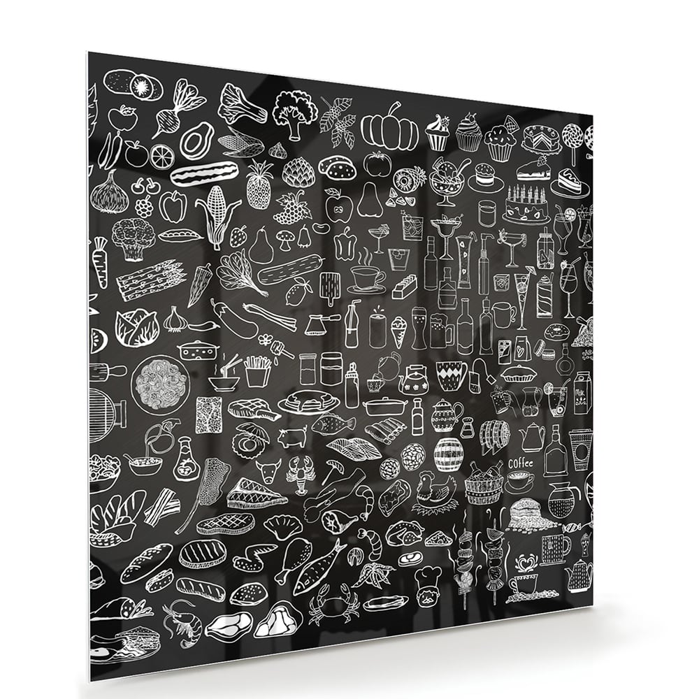 Abstraktes Schwarz-Weiß-Glasbild mit fröhlichen Illustrationen – Glasbild aus Sicherheitsglas, Größe 100x70