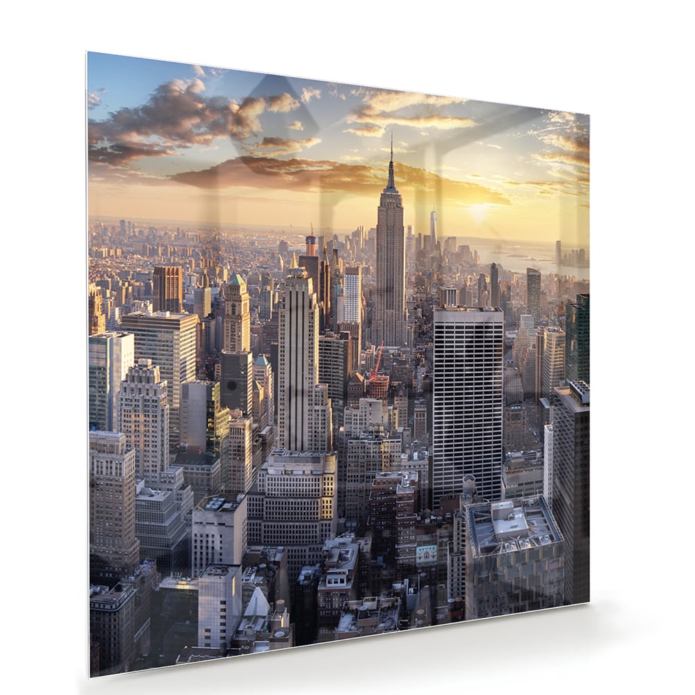 Glasbild mit atemberaubender Aussicht auf New York bei Sonnenuntergang – Glasbild aus Sicherheitsglas, Größe 100x70