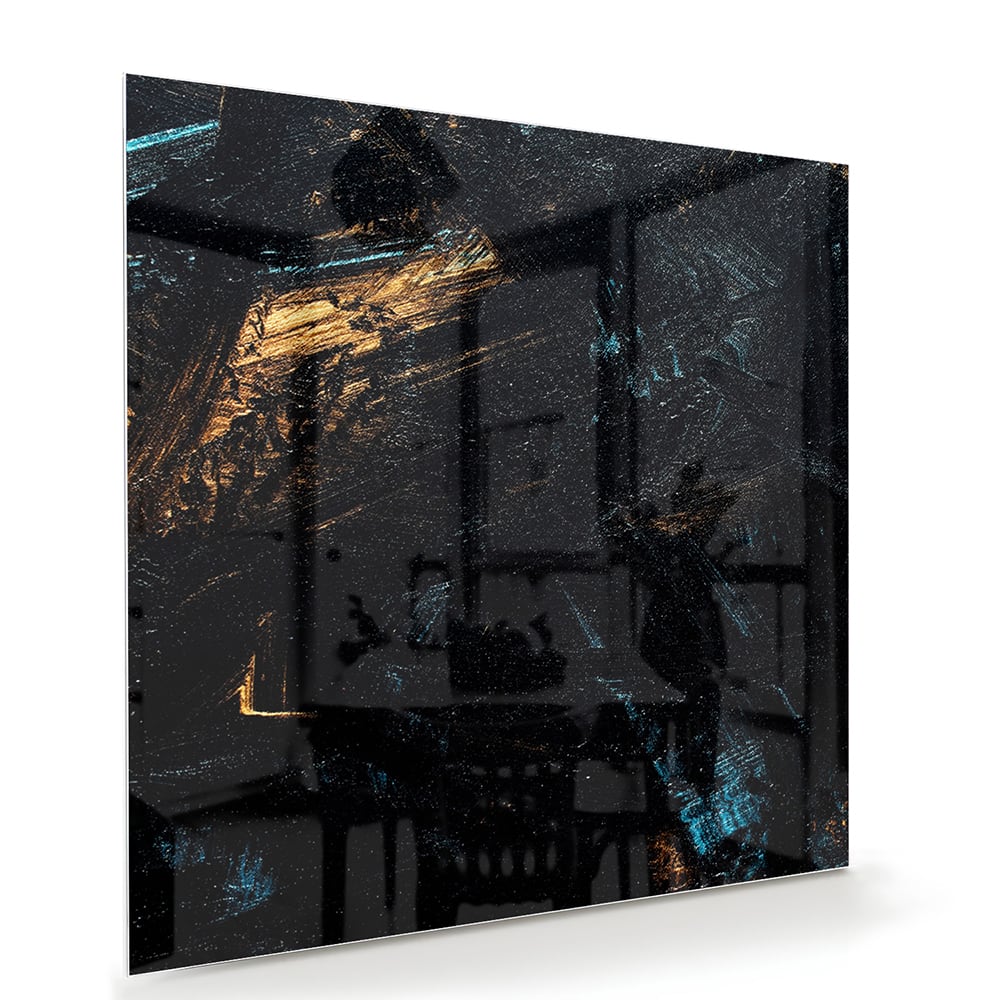 Abstraktes Glasbild mit goldenen und schwarzen Akzenten – Glasbild aus Sicherheitsglas, Größe 100x70