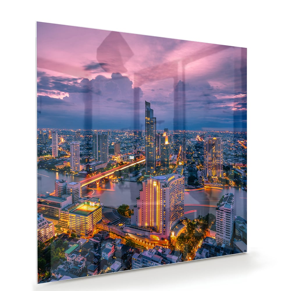 Glasbild mit Stadtblick im Abendlicht – Glasbild aus Sicherheitsglas, Größe 100x70