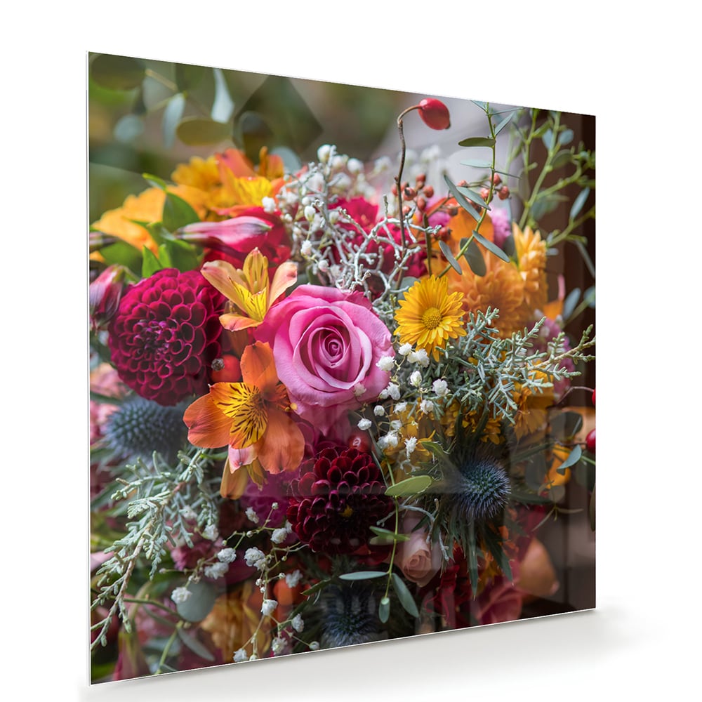 Farbenfrohes Glasbild mit einem Blumenstrauß – Glasbild aus Sicherheitsglas, Größe 100x70