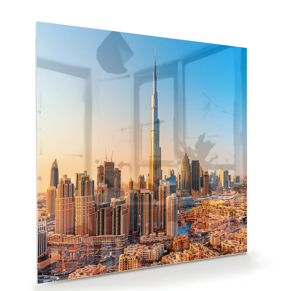 Modernes Glasbild mit Skyline Dubai – Glasbild aus Sicherheitsglas, Größe 100x70