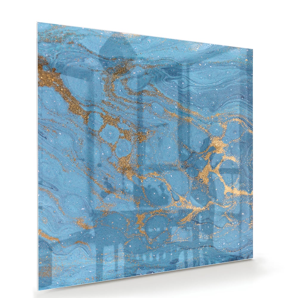 Elegantes Glasbild in blauen und goldenen Farbtönen – Glasbild aus Sicherheitsglas, Größe 100x70
