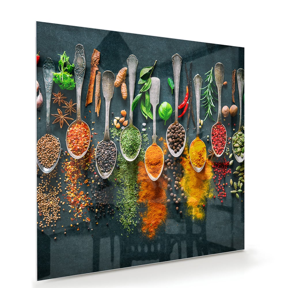 Farbenfrohes Glasbild mit Gewürzen und Kräutern – Glasbild aus Sicherheitsglas, Größe 100x70