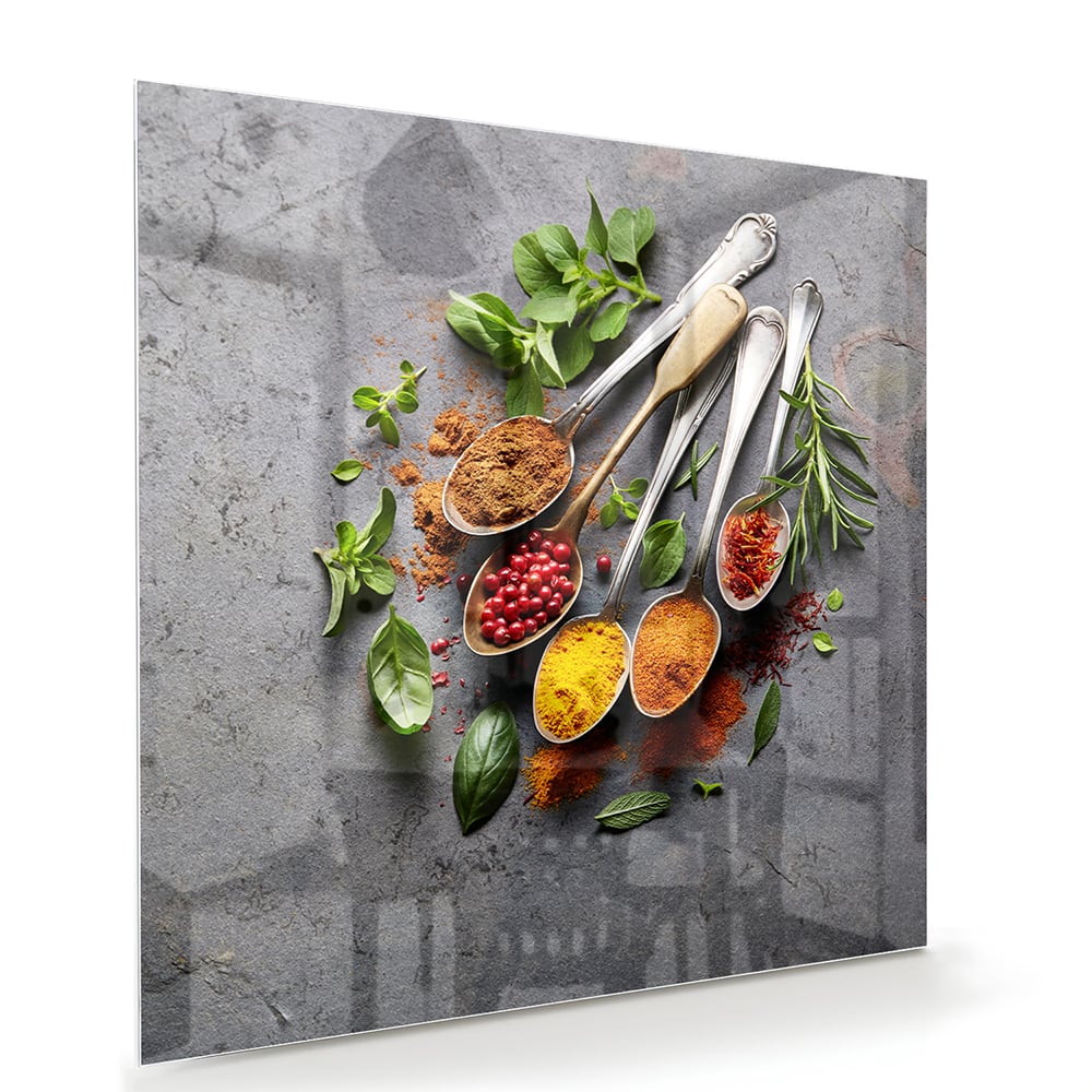 Glasbild mit Kräutern und Gewürzen – Glasbild aus Sicherheitsglas, Größe 100x70