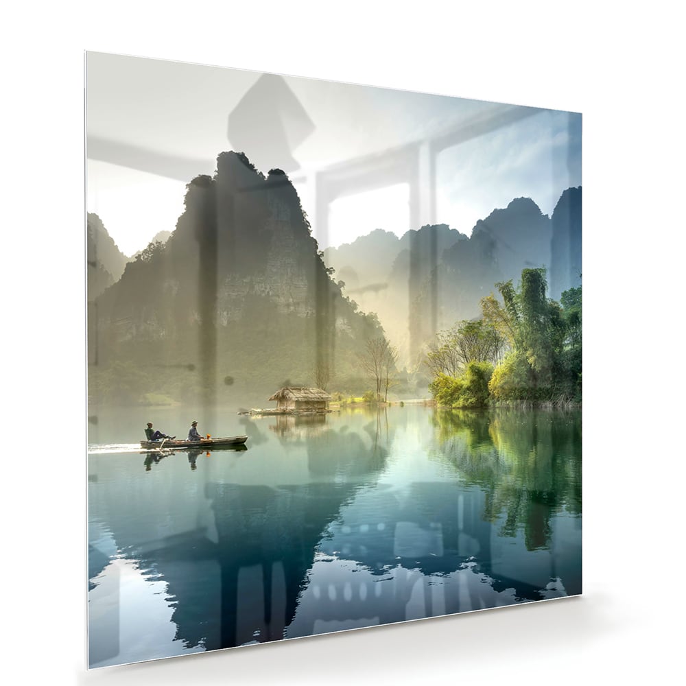 Rustikales Glasbild mit ruhigen Bergreflexionen – Glasbild aus Sicherheitsglas, Größe 100x70