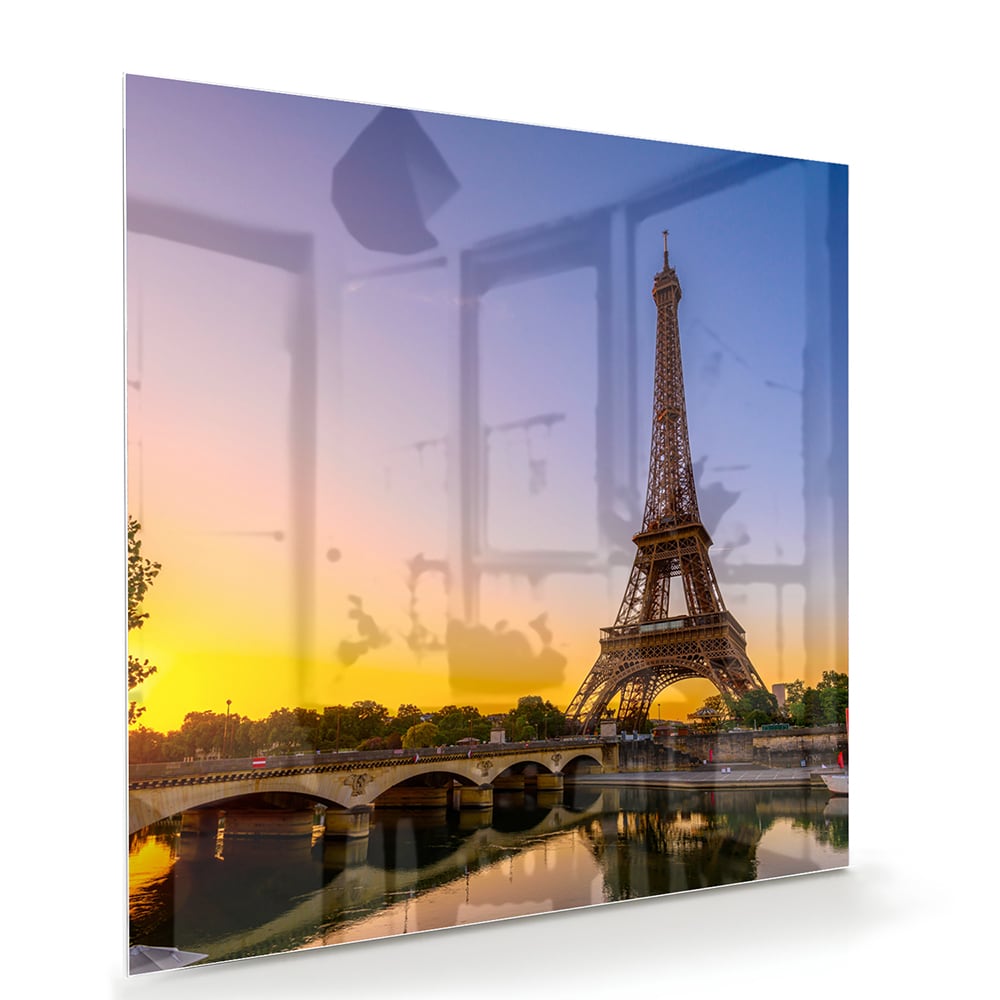 Glasbild mit dem Eiffelturm bei Sonnenuntergang – Glasbild aus Sicherheitsglas, Größe 100x70