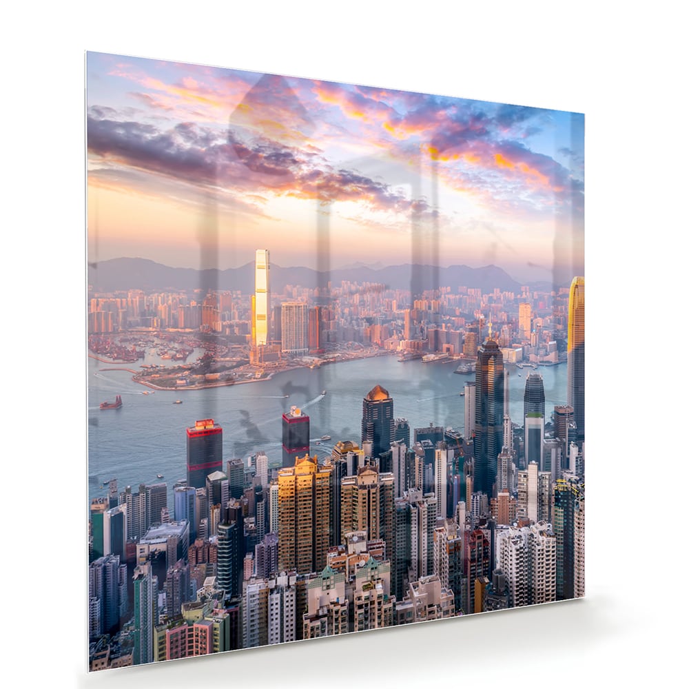 Glasbild mit Stadtansicht bei Sonnenuntergang – Glasbild aus Sicherheitsglas, Größe 100x70