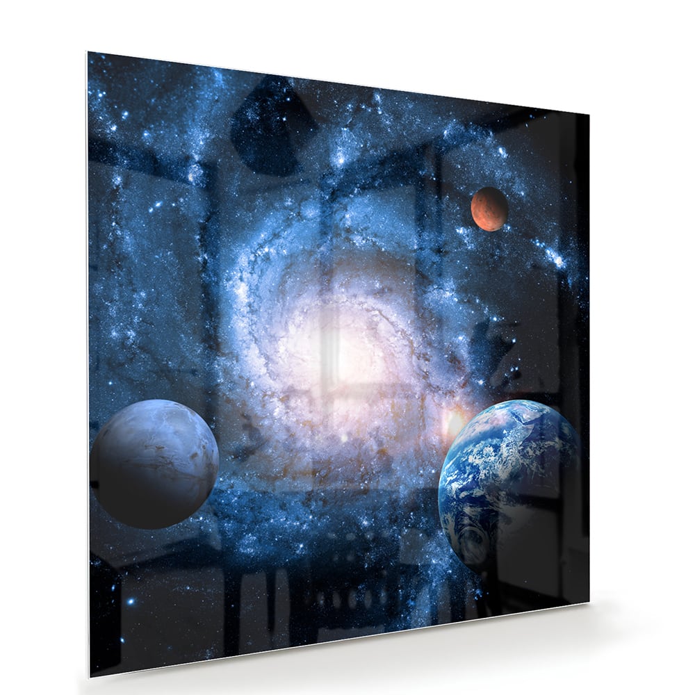 Glasbild mit Weltall und Planeten – Glasbild aus Sicherheitsglas, Größe 100x70